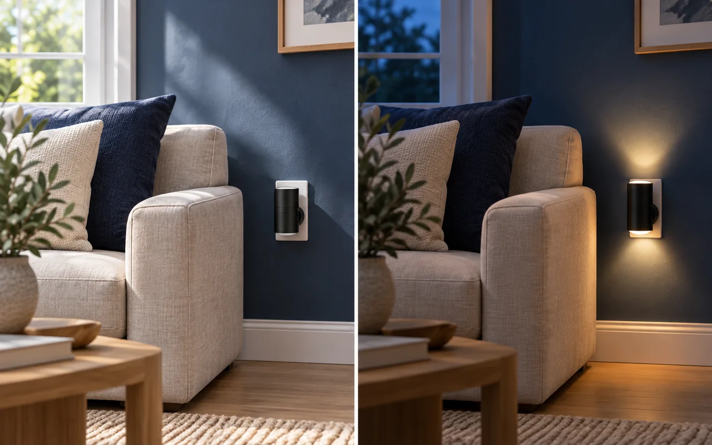 Dezelfde woonkamer: links overdag met het nachtlampje uit, rechts met warm licht als de avond valt