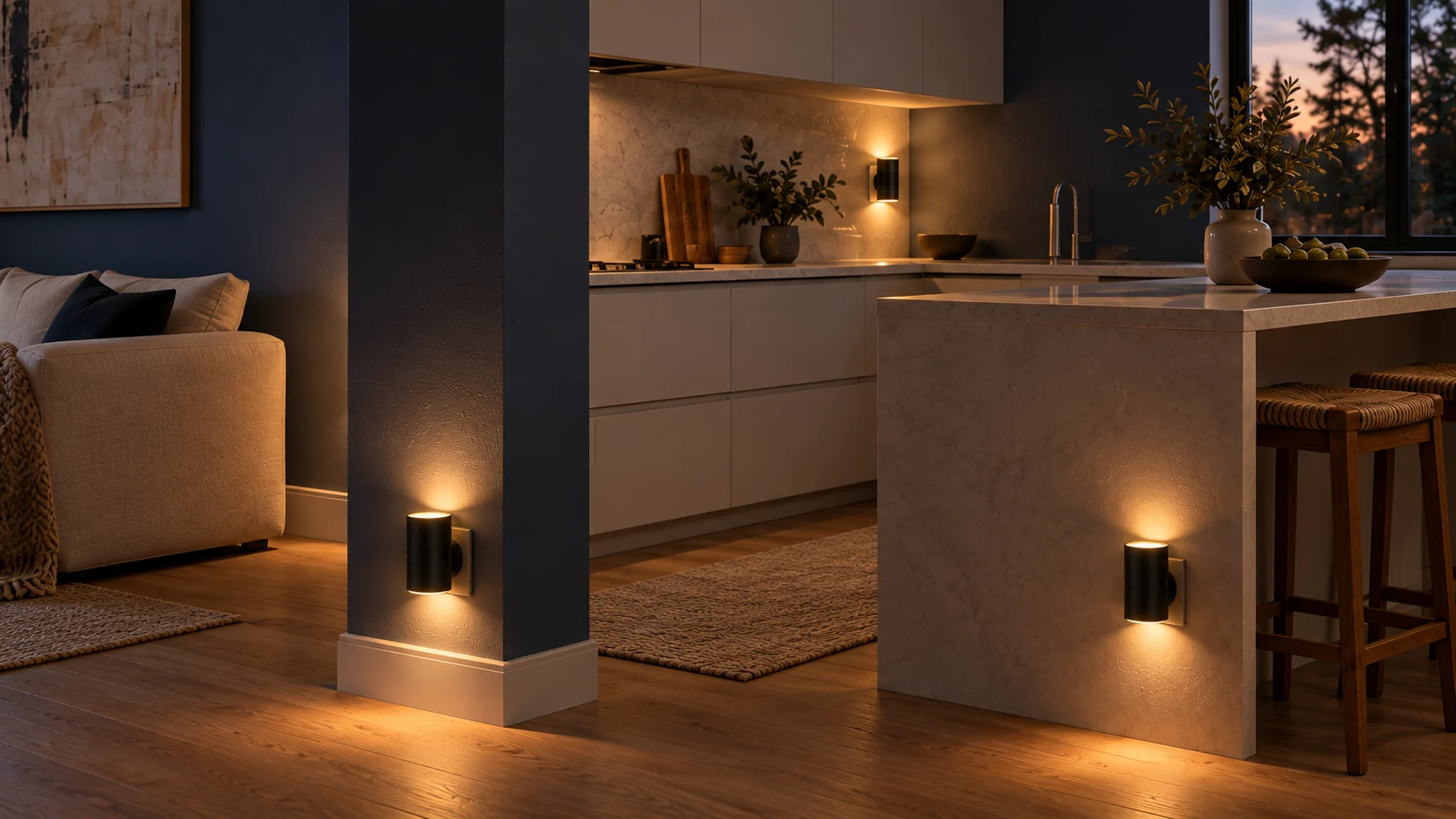 Kleine zwarte nachtlampjes verlichten de keuken
