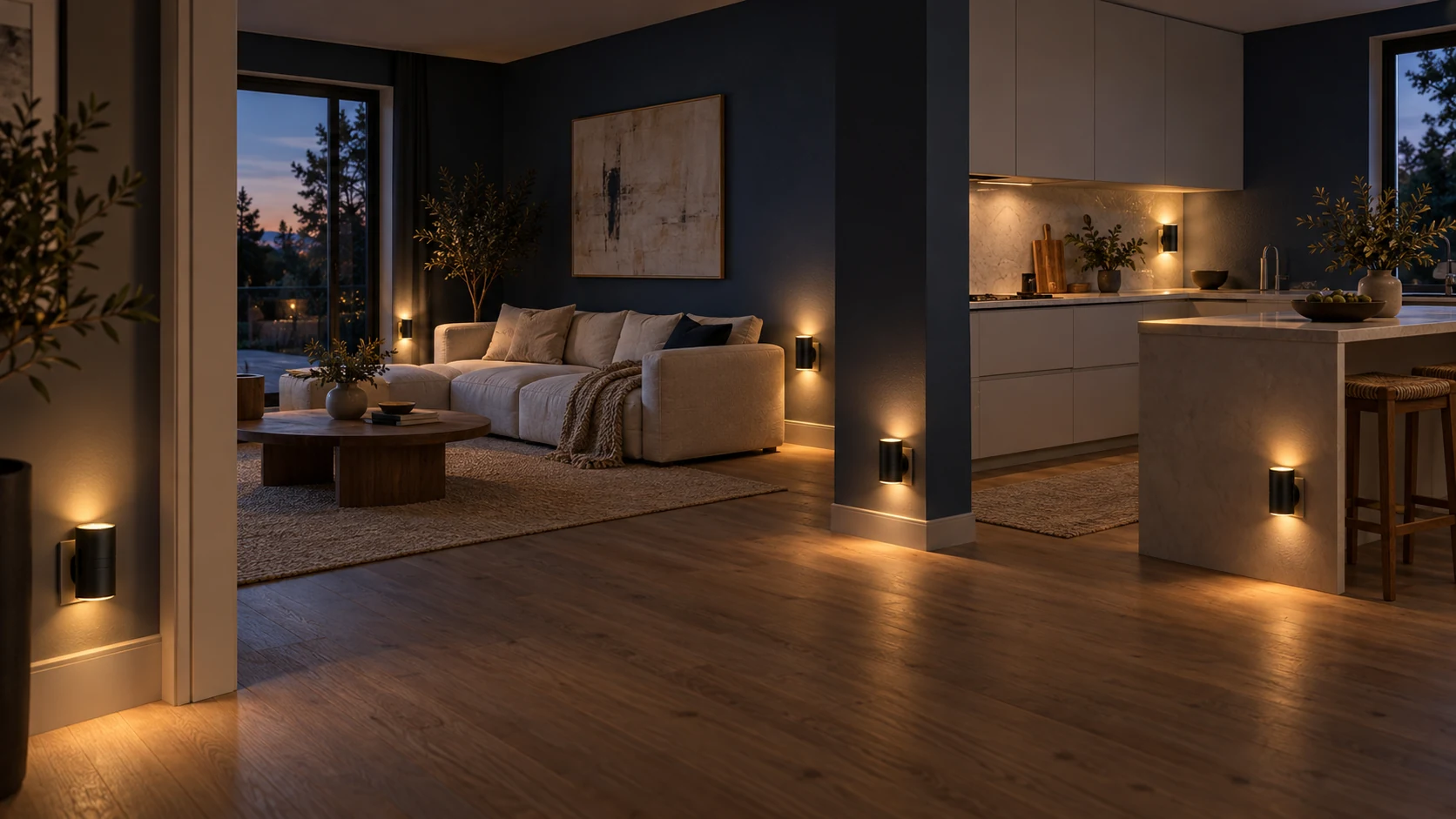 Een huis in de schemering: een open woonkamer en keuken met zes kleine zwarte nachtlampjes en warm licht