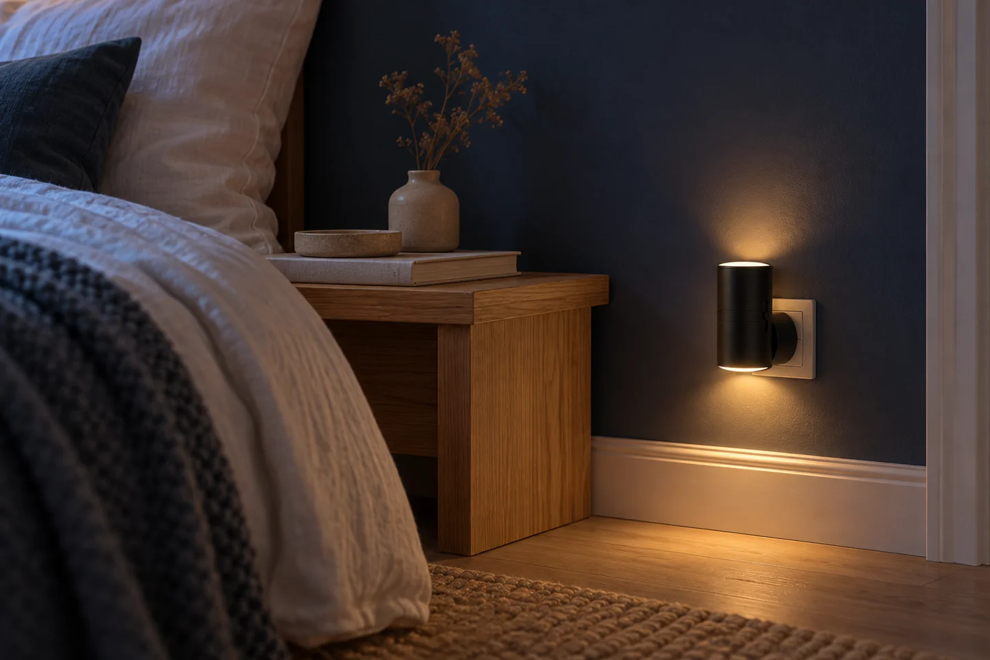 Het nachtlampje naast het bed verspreidt zacht licht in de slaapkamer