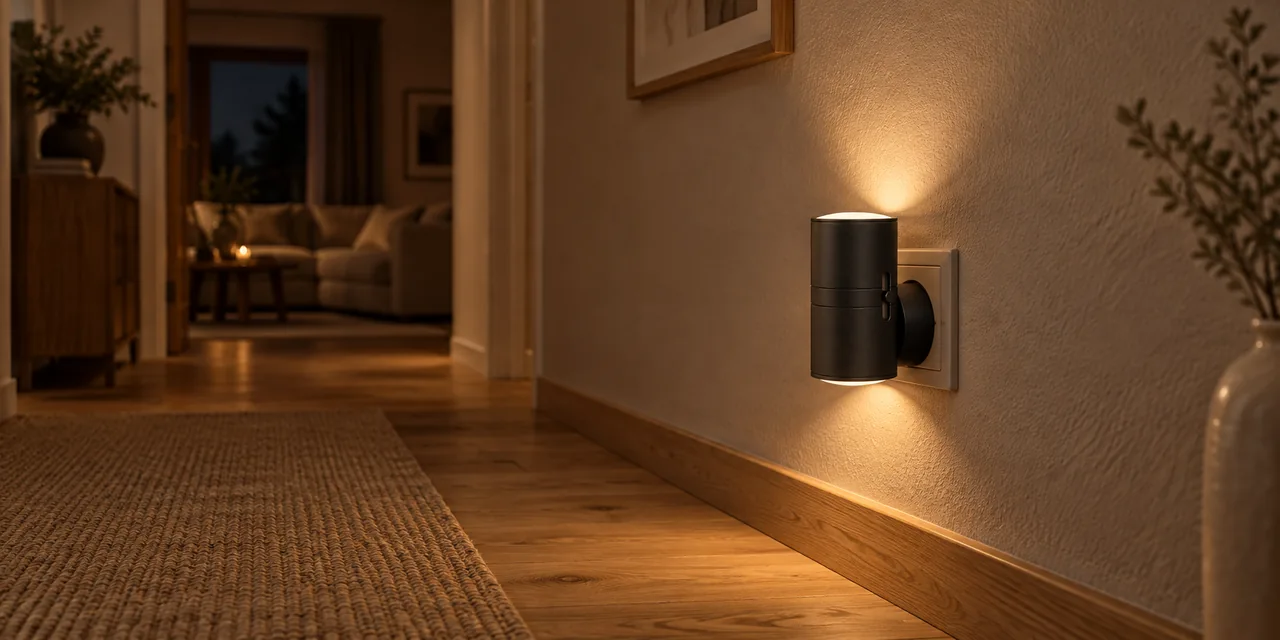 Het nachtlampje in een laag stopcontact geeft warm licht in de hal, naast de woonkamer