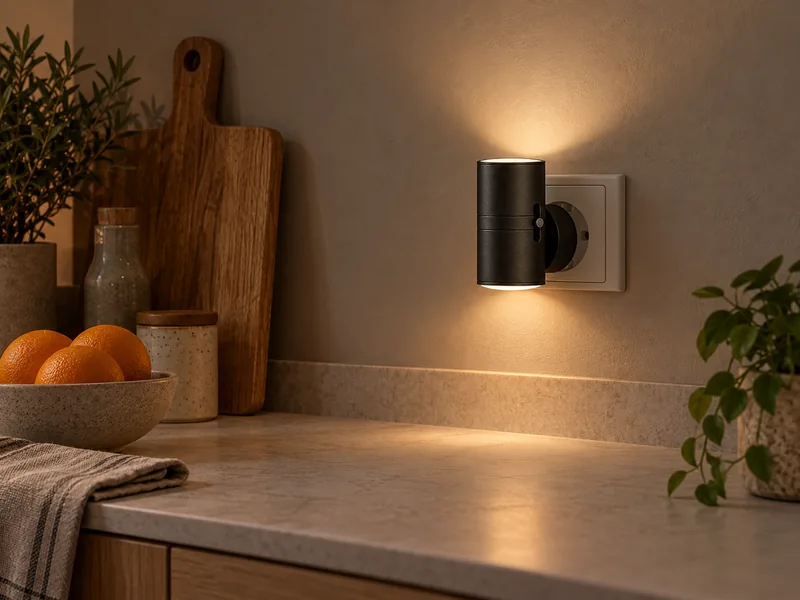 Het zwarte nachtlampje verlicht de keukenmuur boven een houten werkblad